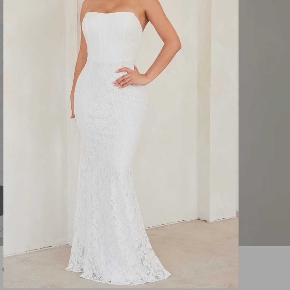 Fashion Nova Sarah Lace Maxi Gown White Wedding Bridal Strapless Tube New
